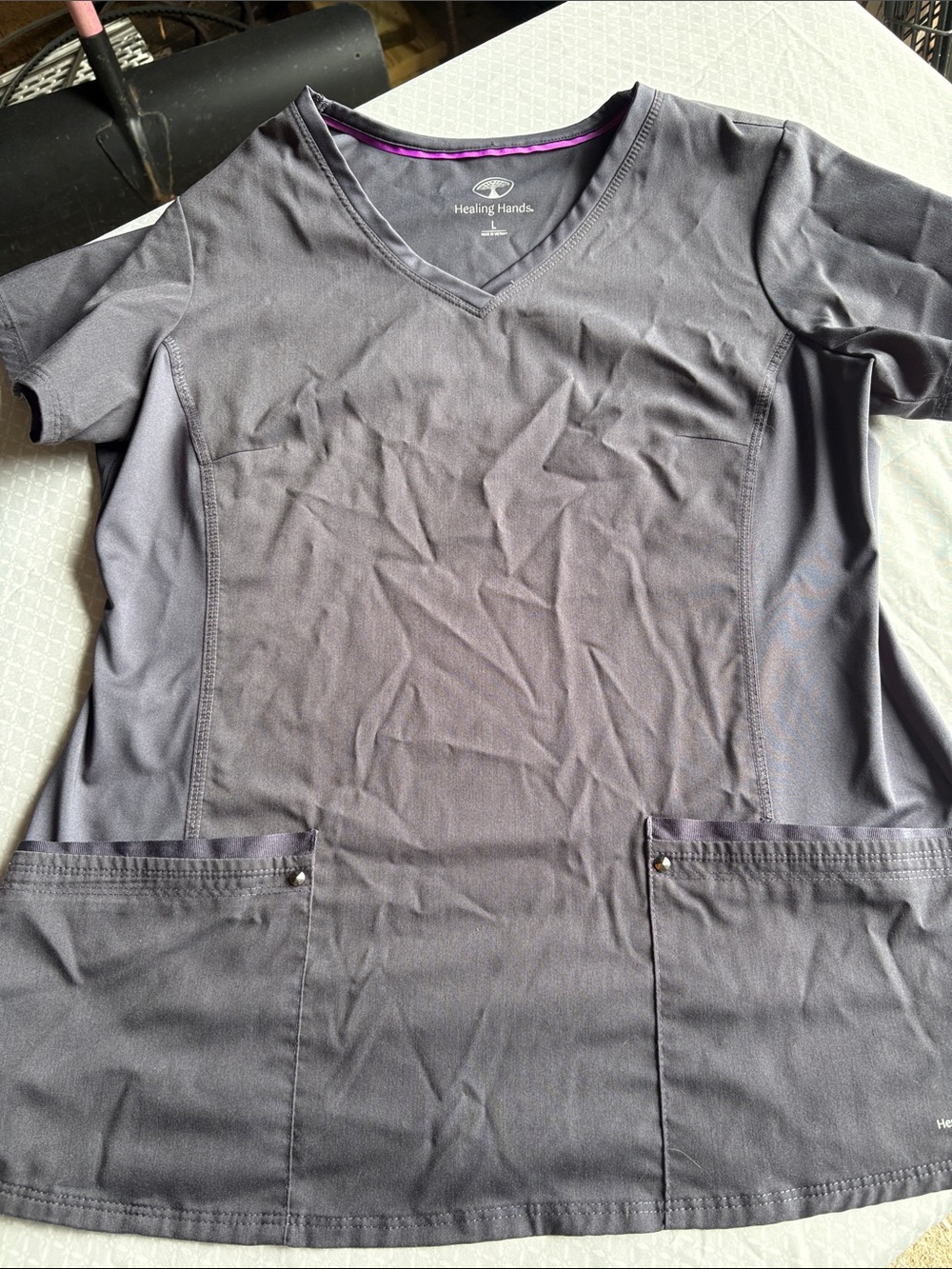 Healing  Hands Juliet Charcoal Gray V-Neck Scrub Top with Purple Trim